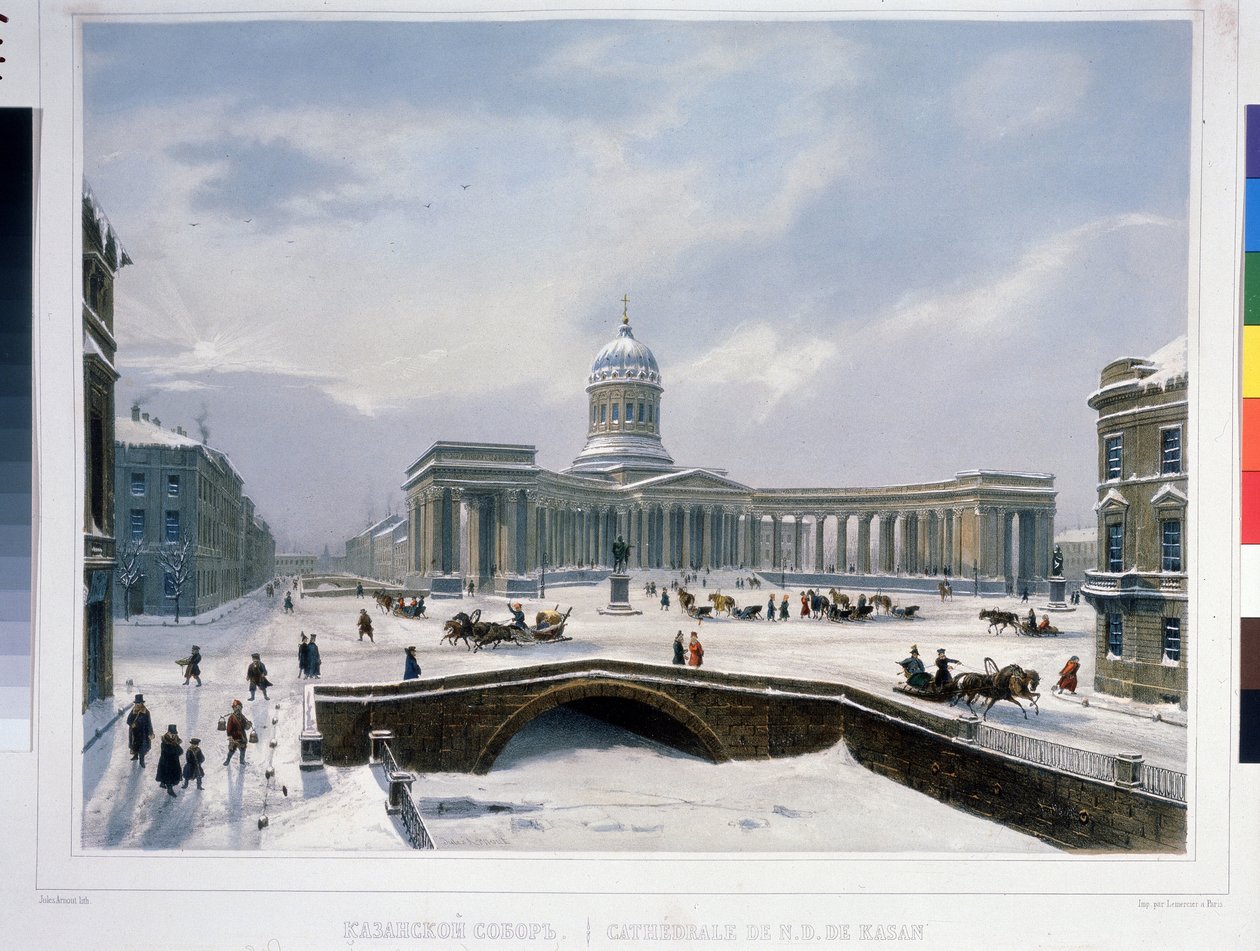 A kazanyi székesegyház Szentpéterváron. Louis Jules Arnout (1814-1868) litográfiája, vízfestékkel színezett, 1840 körül. Francia művészet, klasszicizmus. A. Puskin Emlékmúzeum, Szentpétervár. alkotó: Louis Jules Arnout