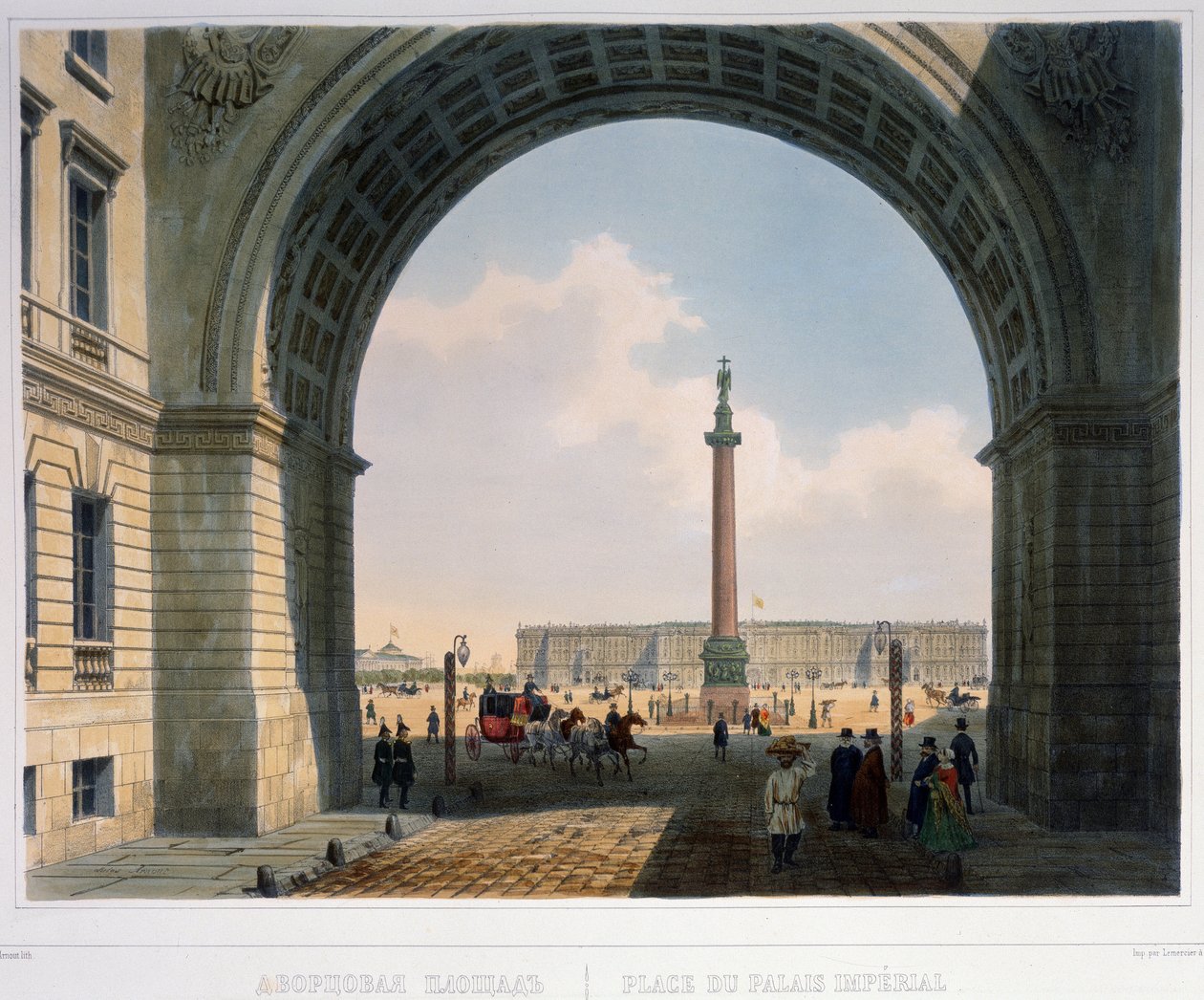A Palota tér, kilátás a Főhadsereg főhadiszállásának boltívéről (Szentpétervár) Louis Jules Arnout (1814-1868) litográfiája, akvarellel színezett, 25,2 x 33,5 cm, 1840 körül Francia művészet alkotó: Louis Jules Arnout