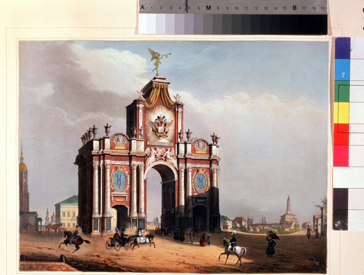 A Vörös Kapu Moszkvában. Louis Jules Arnout (1814-1868) litográfiája, vízfestékkel színezett, 1830 körül. Francia művészet, klasszicizmus. A. Puskin Emlékmúzeum, Szentpétervár. alkotó: Louis Jules Arnout