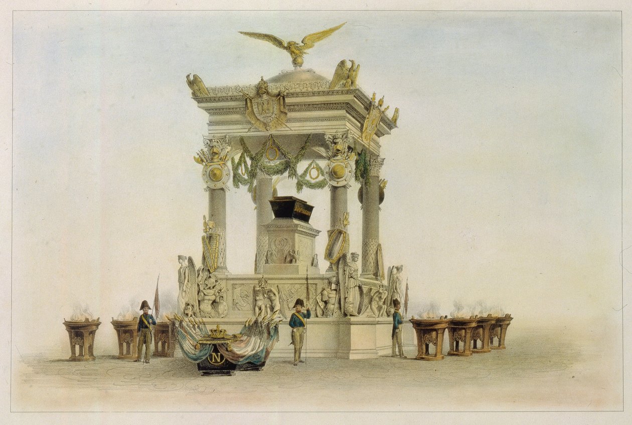 I. Bonaparte Napóleon (1769-1821) koporsója az Invalidusok templomában (Párizs, Franciaország). (Napóleon koporsója a The Les Invalides templomában). Louis Jules Arnout (1814-1868) munkája, litográfia és akvarell. 19. századi francia művészet, klasszicizmu alkotó: Louis Jules Arnout