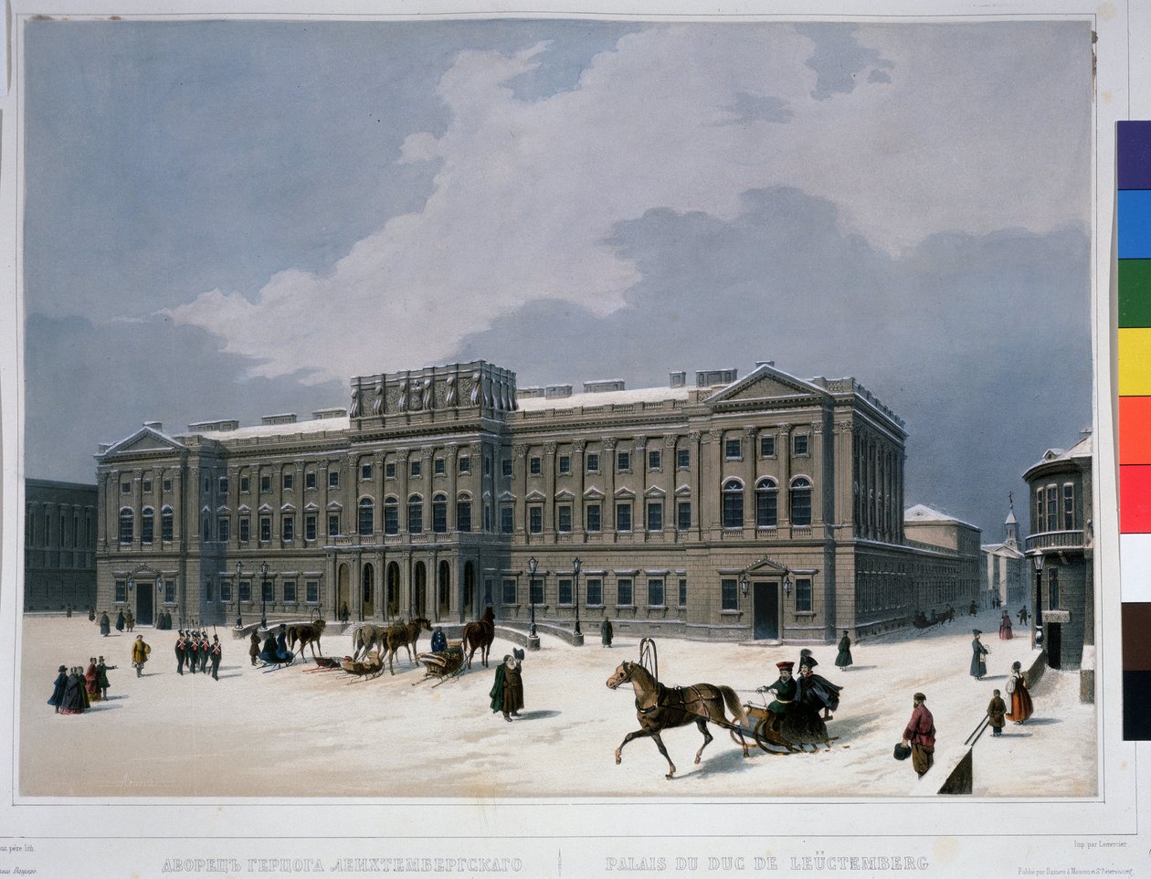 A Mariinsky-palota Szentpéterváron, a Szent Izsák téren. Louis Jules Arnout (1814-1868) litográfiája, vízfestékkel színezett, 1840 körül. Francia művészet, klasszicizmus. A.Push alkotó: Louis Jules Arnout