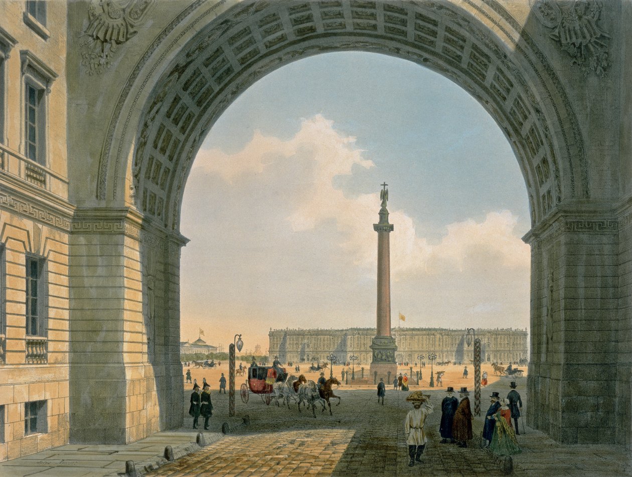 Palota tér, kilátás a hadsereg főhadiszállásának boltívéről, Szentpétervár, Lemercier, Párizs, 1840-es évek (színes litográfia) alkotó: Louis Jules Arnout