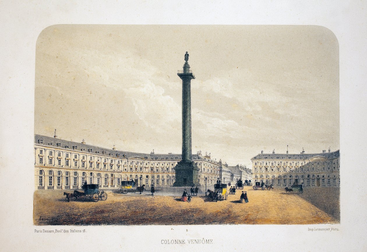 Vendome oszlop, Párizs. Litográfiai akvarell, Arnout illusztrációja, „Album, souvenirs de Paris”-ban, Daziaro szerkesztő, Párizs alkotó: Louis Jules Arnout
