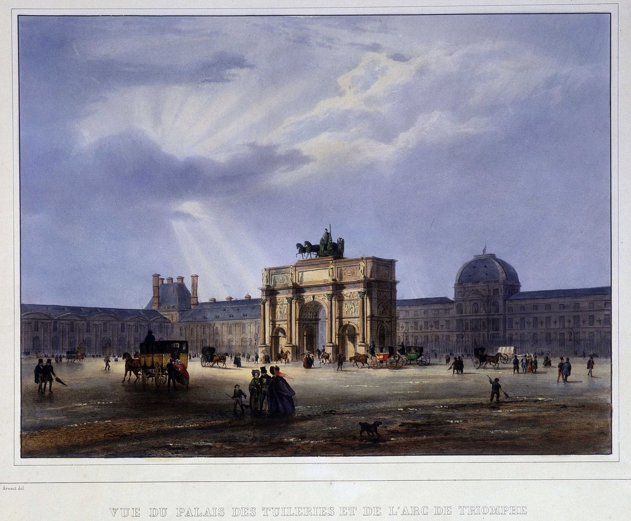 Kilátás a Palais des Tuileries-re és a körhintara – Arnout „” Paris en 1837”-ben alkotó: Louis Jules Arnout