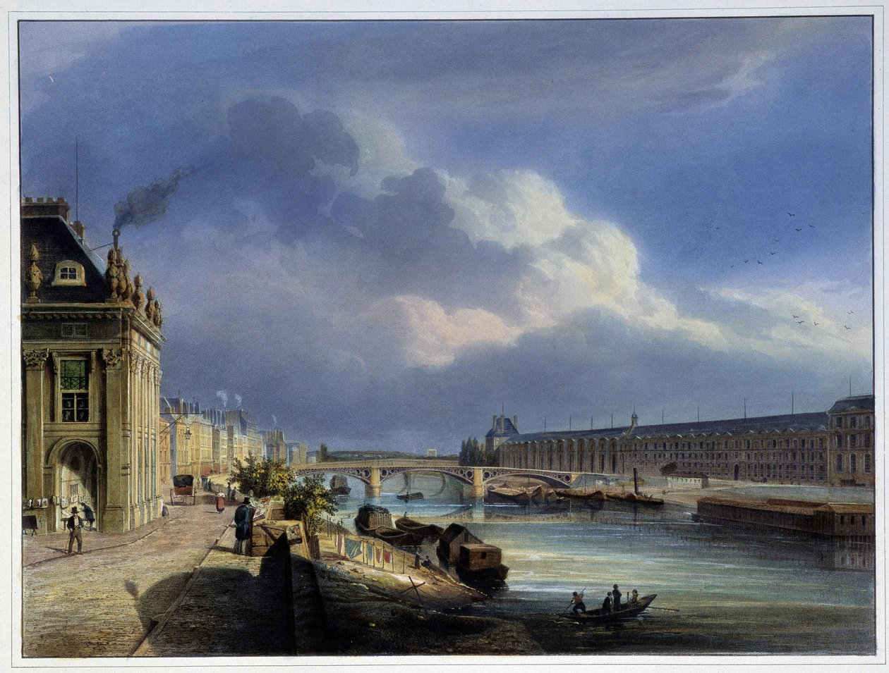 Kilátás a Pont du Carrousel-re és a Grand Galerie du Louvre-ra – Arnout „Paris en 1837”-ben alkotó: Louis Jules Arnout