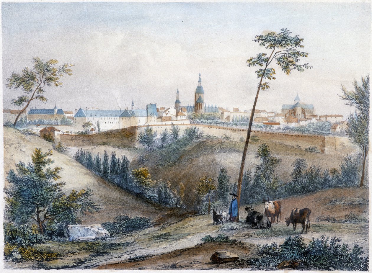 Bouvier a breton vidéken (Dinan a távolban) - Jacottet és Benoist litográfiája alkotó: Louis Julien Jacottet