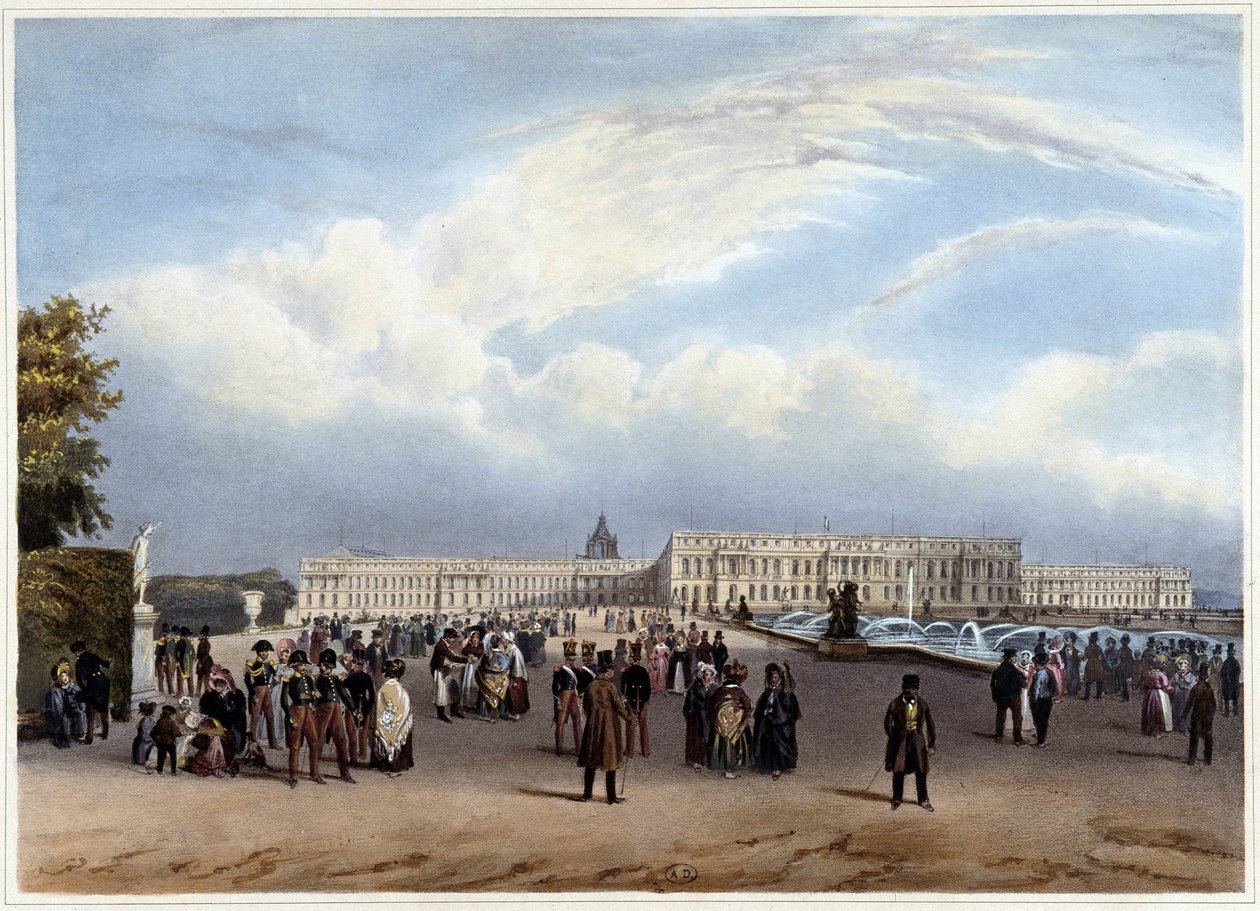 A Versailles-i kastély homlokzatának általános képe - „Promenade dans Paris et ses environs”-ban, tervezte Jacottet és Benoist, c. 1840 alkotó: Louis Julien Jacottet