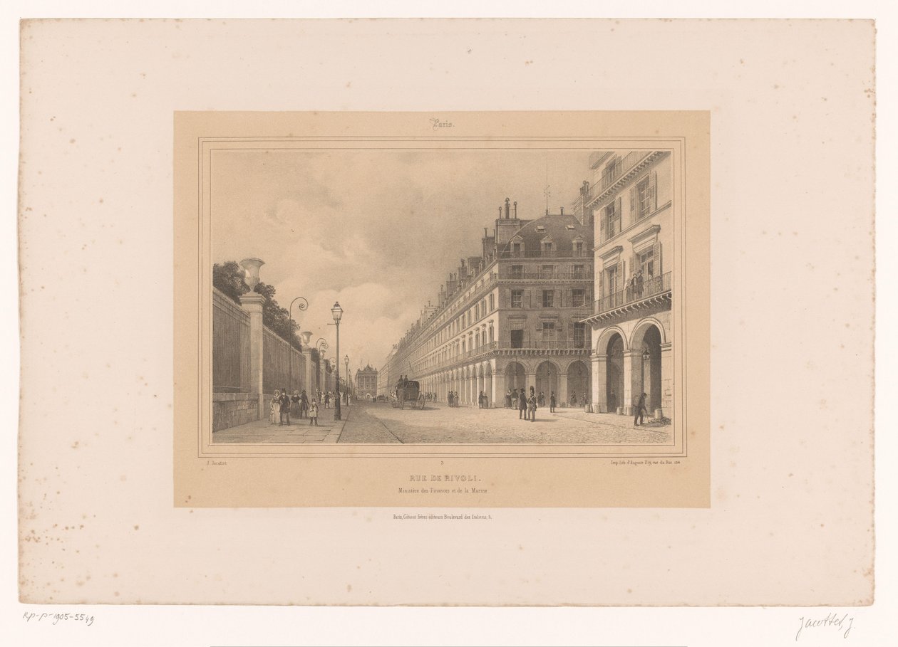 Kilátás a Rue de Rivolira Rue de Rivoli. Ministère des Finances et de la Marine (cím a tárgyon) Arcok Párizsban és környékén (sorozat címe) Paris (sorozat címe a tárgyon) alkotó: Louis Julien Jacottet