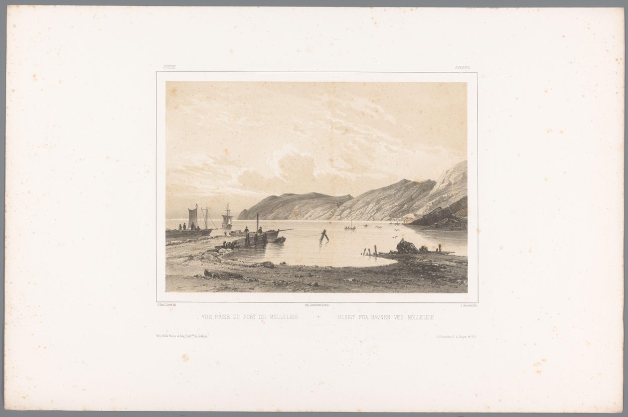 Kilátás a möllei kikötőre Vue prize du Port de Mólleleie / Udsigt fra Havnen ved Mólleleie (cím a tárgyon) Arcok Skandináviában (sorozat címe) Vues du Nord. Velúr (sorozat címe) alkotó: Louis Julien Jacottet