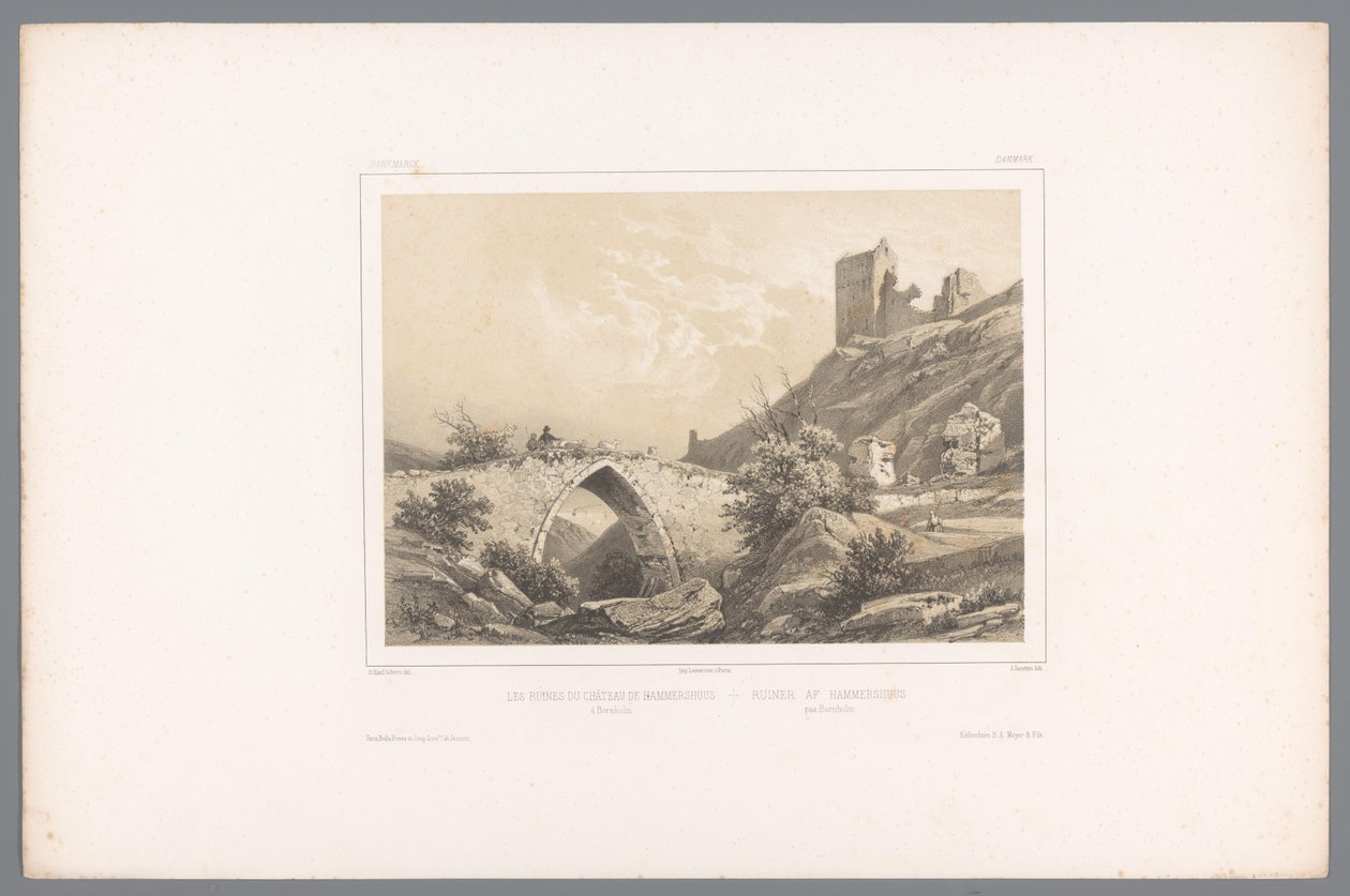 Kilátás a hammershusi vár romjaira Les ruines du Château de Hammershuus / Ruiner af Hammershuus (cím a tárgyon) Arcok Skandináviában (sorozat címe) Vues du Nord. Danemarck (sorozat címe) alkotó: Louis Julien Jacottet
