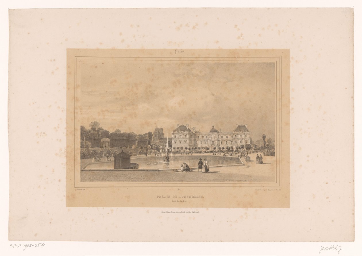Kilátás a Luxembourg-palotára a Jardin du Luxembourgból Palais du Luxembourg, Côté du Jardin (cím a tárgyon) Gezichten in en om Paris (sorozat címe) Paris (sorozat címe a tárgyon) alkotó: Louis Julien Jacottet