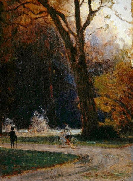 Kerékpáros a Karlsaue Parkban, Kassel (olaj, karton) alkotó: Louis Kolitz