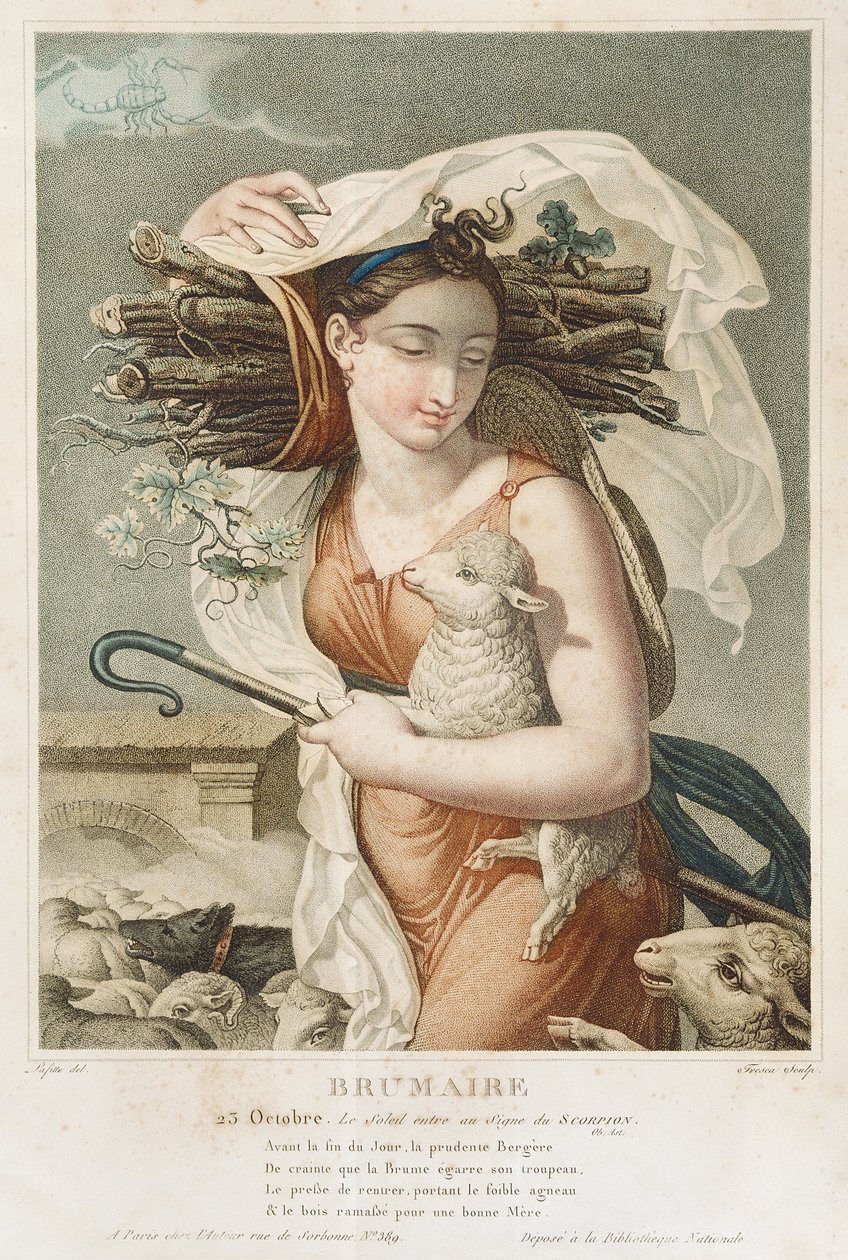 Brumaire (október november), a köztársasági naptár második hónapja, metszet: Tresca, francia, 1794 körül (metszet) alkotó: Louis Lafitte