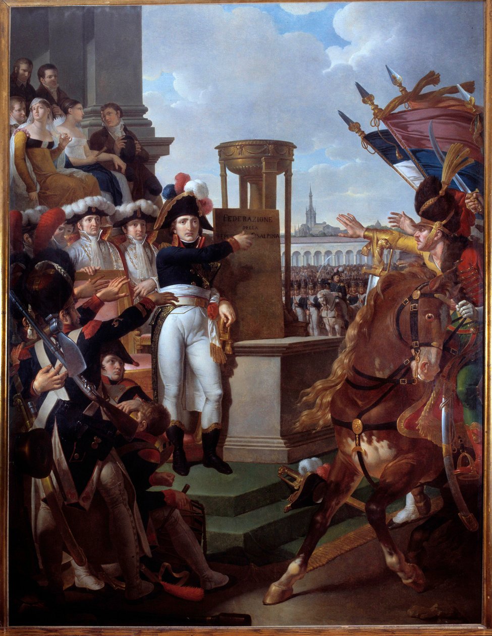Bonaparte Napóleon (1769-1821) kikiáltja a Cisalpin Köztársaságot Milánóban 1797.09.07. Louis Lafitte (1770-1828) festménye 1797 V. 2,52 x 3,34 m. Aix-sziget, Napóleoni Múzeum alkotó: Louis Lafitte