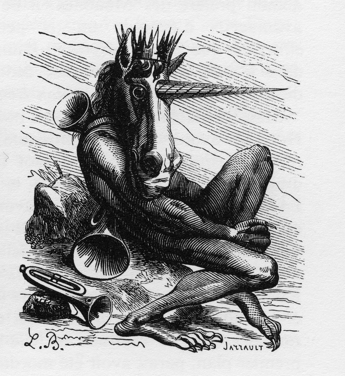 AMDUSCIAS démon az Ars Goetiában - Amdusias - a goetie hiedelmekből származó démon (a démonok megidézésének művészete és gyakorlata) - Collin de Plancy „A pokoli szótárban” - L. Breton metszetében. Párizs alkotó: Louis Le Breton