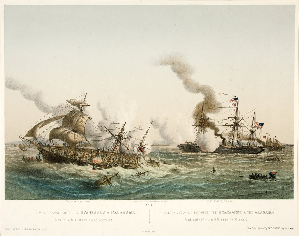 Combat Naval entre le Kearsage & l?Alabama, pub. 1864 (színes litográfia) alkotó: Louis Le Breton
