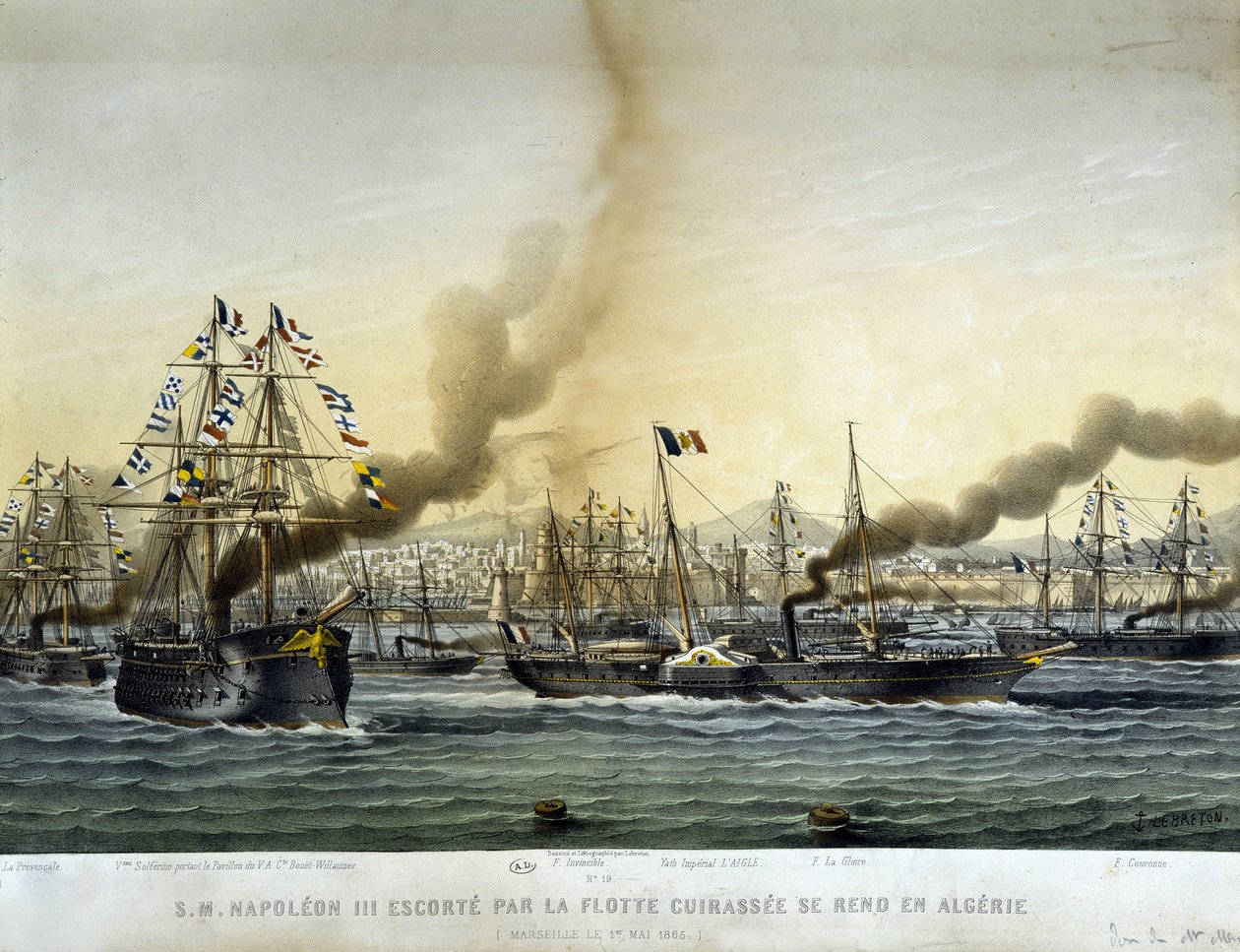 III. Napóleon a battlesee-flotta kíséretében 1860 szeptemberében Algériába ment, 1865-ös metszettel. alkotó: Louis Le Breton
