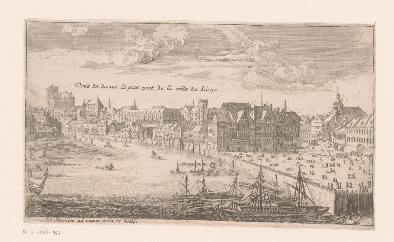 Kilátás Liège-re Vue de dessus le petit pont de la ville de Liege (cím a tárgyon) alkotó: Louis Le Meunier