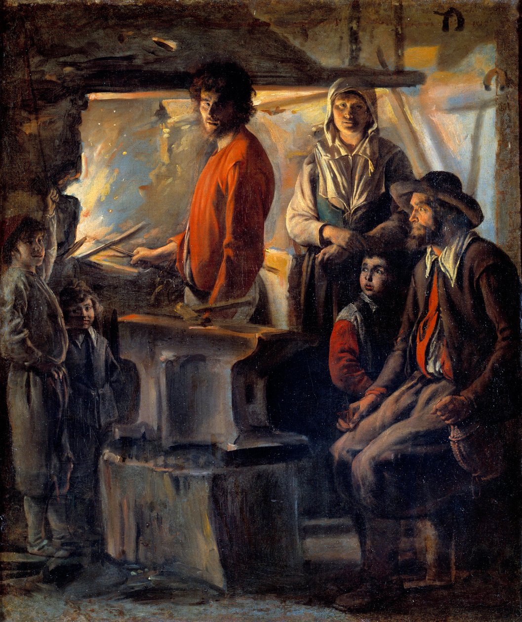 A kovács vagy a marechal a kovácsműhelyében A marechal-vas és családja, mellette egy üllő. Nain Lajos (1593-1648) festménye 17. század V. 0,69x0,57 m alkotó: Louis le Nain