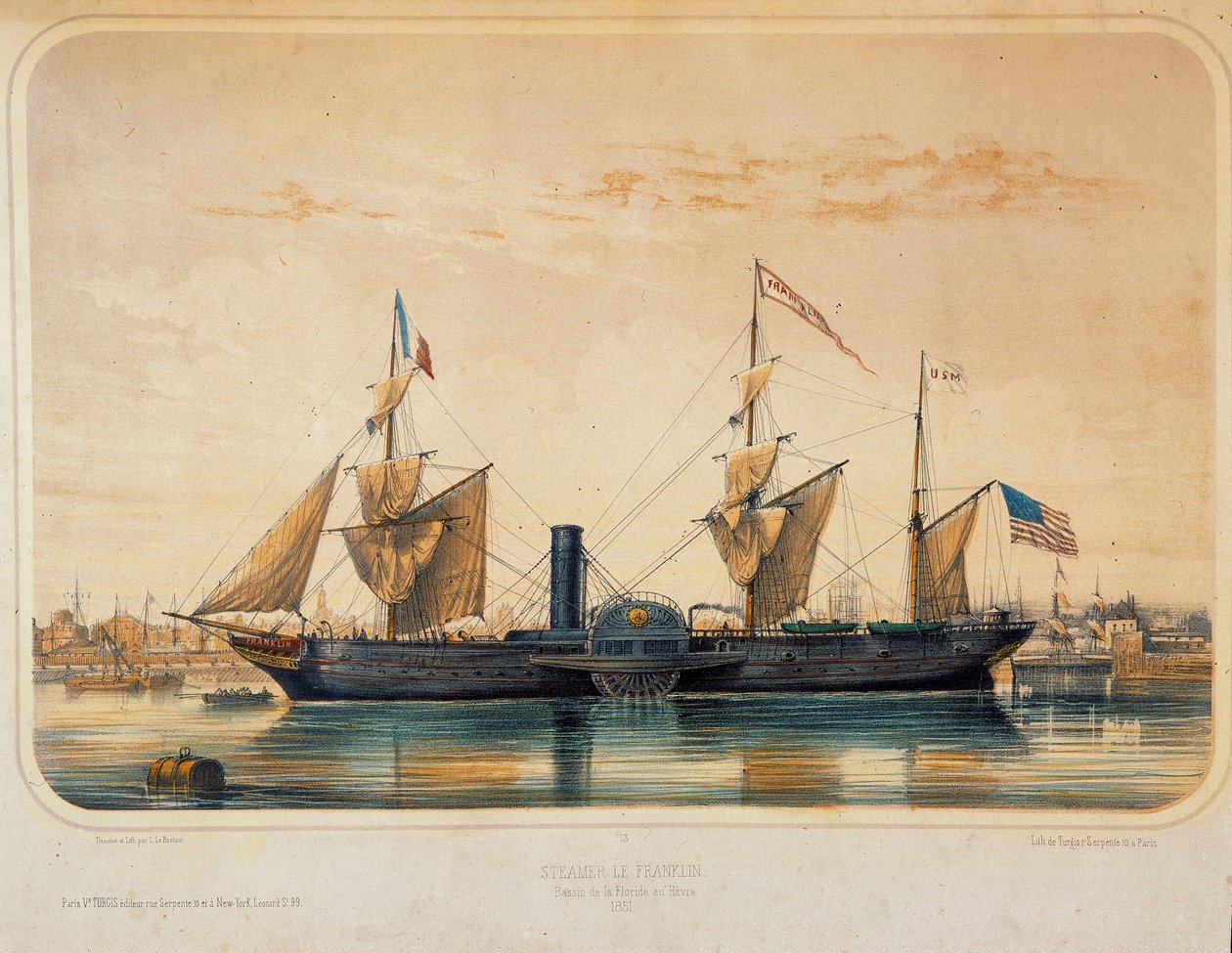 A „Franklin”” gőzhajó a floridai medencében, Le Havre-ban. Louis Lebreton rajza (? - 1866) alkotó: Louis Le Breton