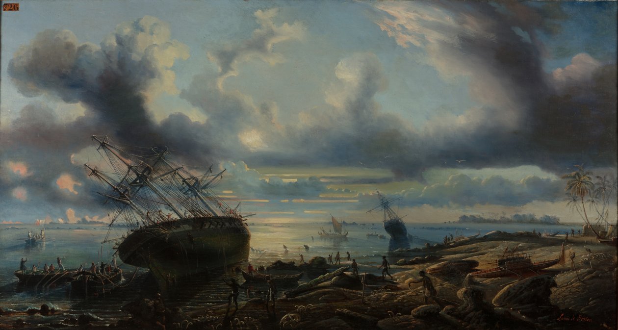 Korvetták partra vetődése a Mauvais-csatornában, Torres-szoros 1843 (olaj, vászon) alkotó: Louis Lebreton