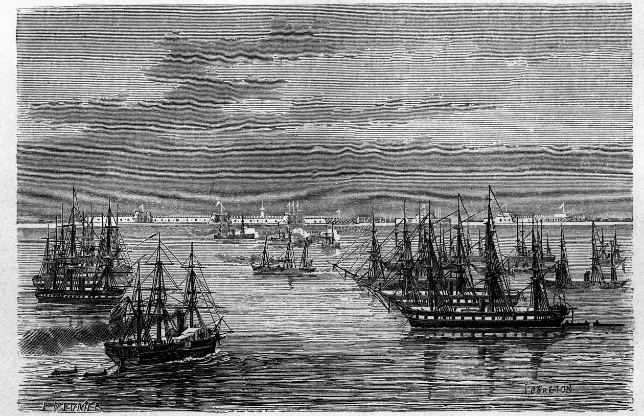 Kilátás a francia Anglo századra a Hai He folyó torkolatában a Bohai-tengerben, Tangguban, Kínában. Lebreton metszete, a „Le Tour du Monde, Nouveau Journal des Voyages” című kiadványban, szerkesztette Edouard Charton, Párizs alkotó: Louis Le Breton