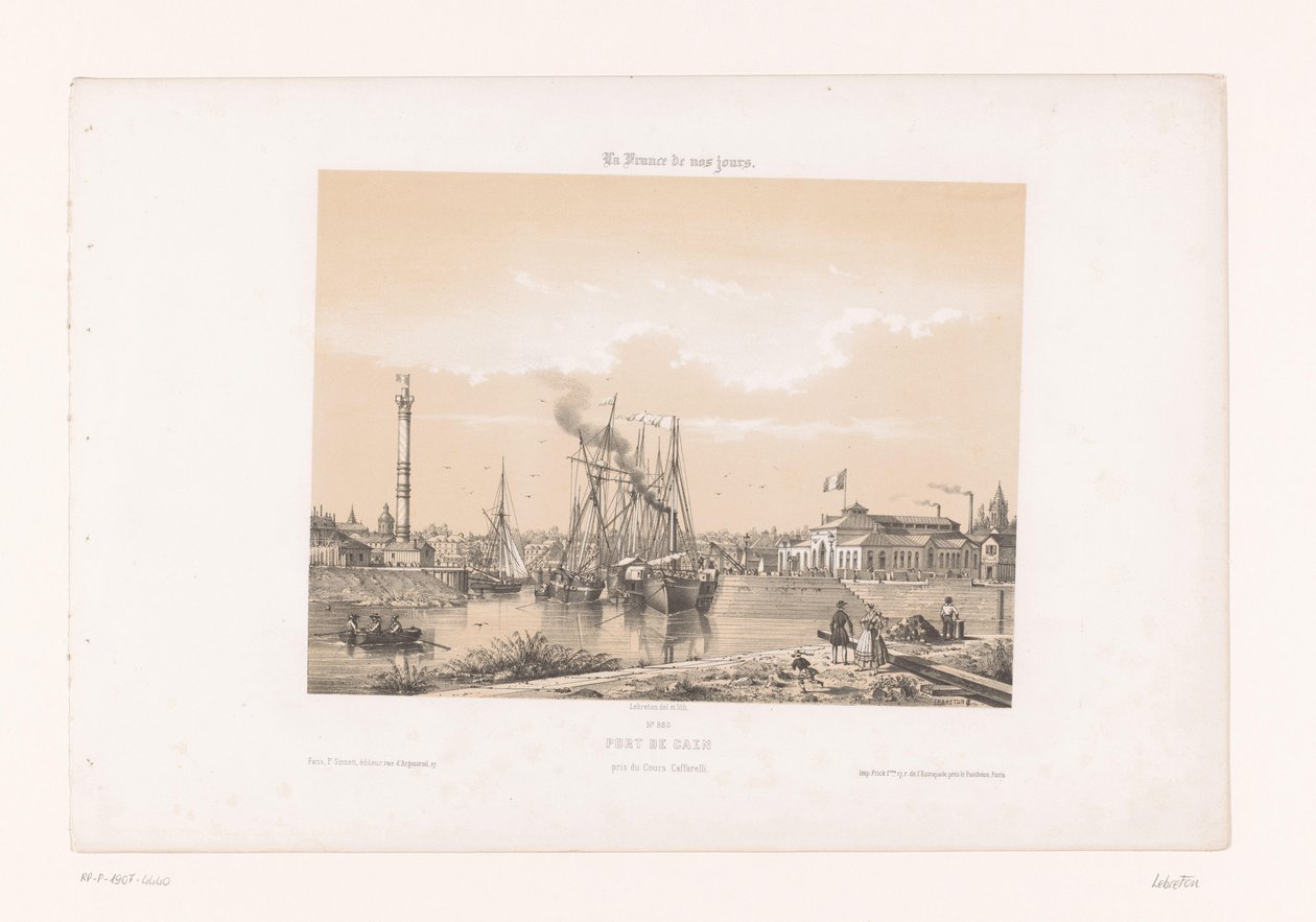 Kilátás Caenre a Cours Caffarelli felől Port de Caen, pris du Cours Caffarelli (cím a tárgyon) Kortárs Franciaország (sorozat címe) La France de nos jours (sorozat címe a tárgyon) alkotó: Louis Le Breton