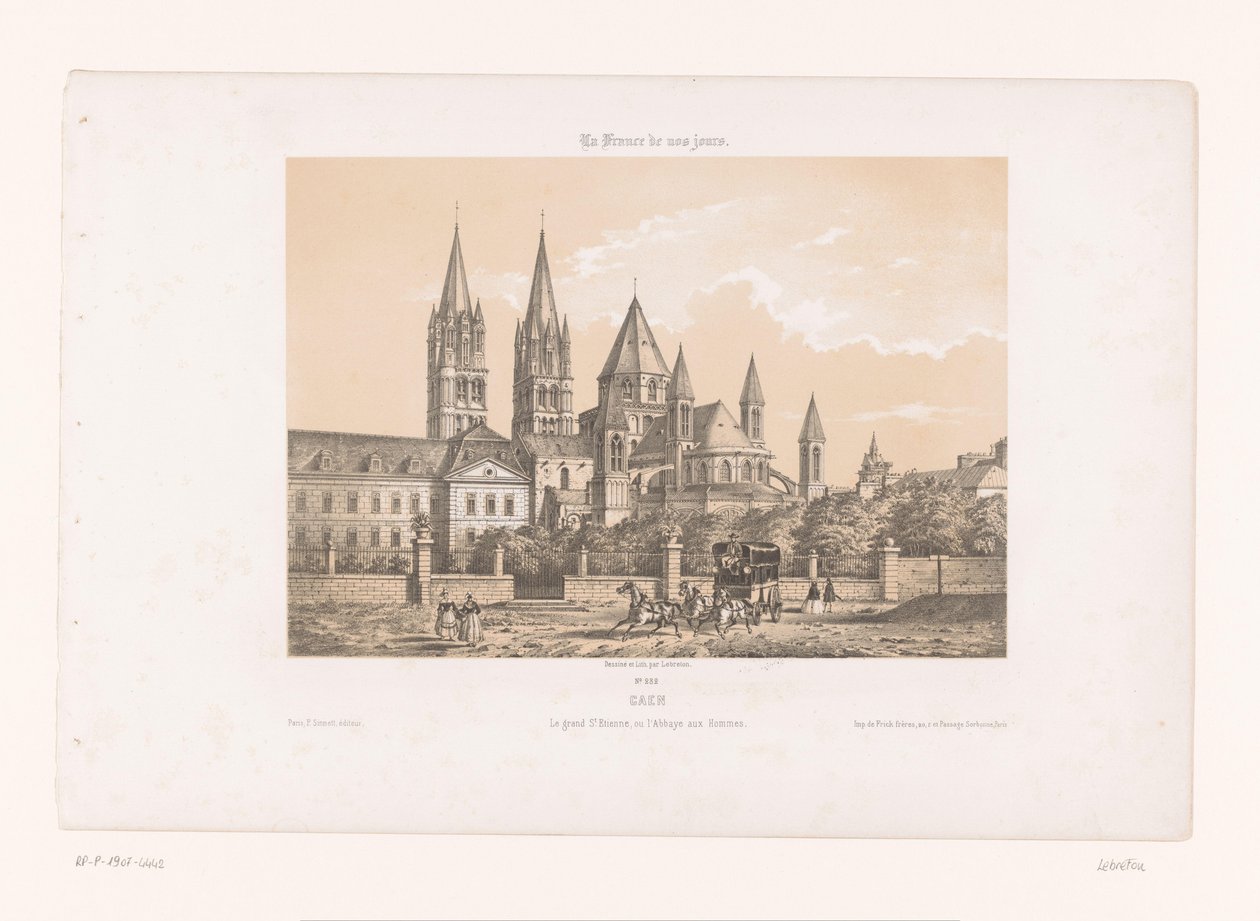 Zicht op de Abbaye aux Hommes és Saint-Étienne Church te Caen Caen. A nagy Et. Etienne, avagy a férfiak apátsága (cím a tárgyon) Hedendaags Frankrijk (sorozat címe) Franciaország manapság (sorozat címe a tárgyon) alkotó: Louis Le Breton