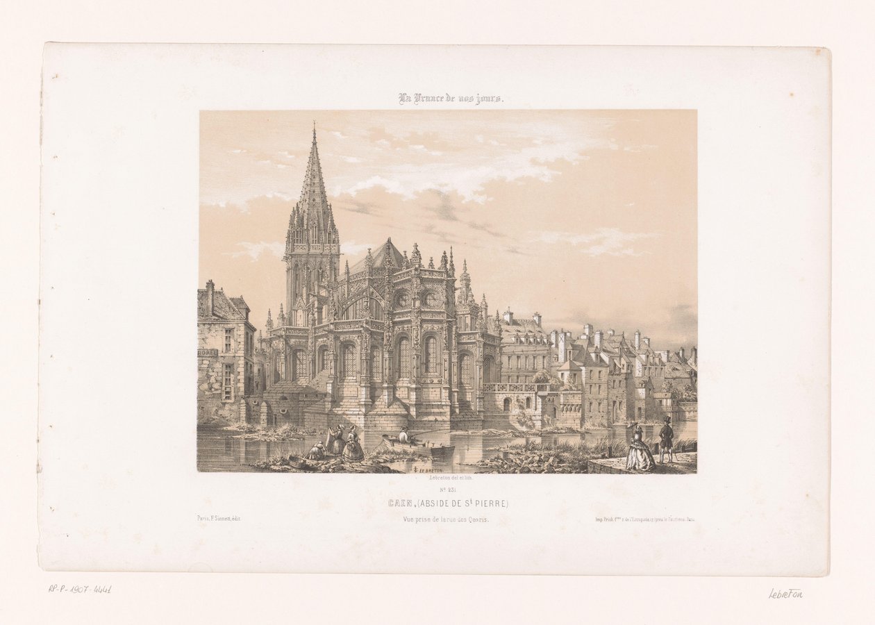 Kilátás a caeni Szent Péter-templom apszisára Caen (Abside de St. Pierre). Vue prize de la rue des Quoris (cím a tárgyon) Kortárs Franciaország (sorozat címe) La France de nos jours (sorozat címe a tárgyon) alkotó: Louis Le Breton