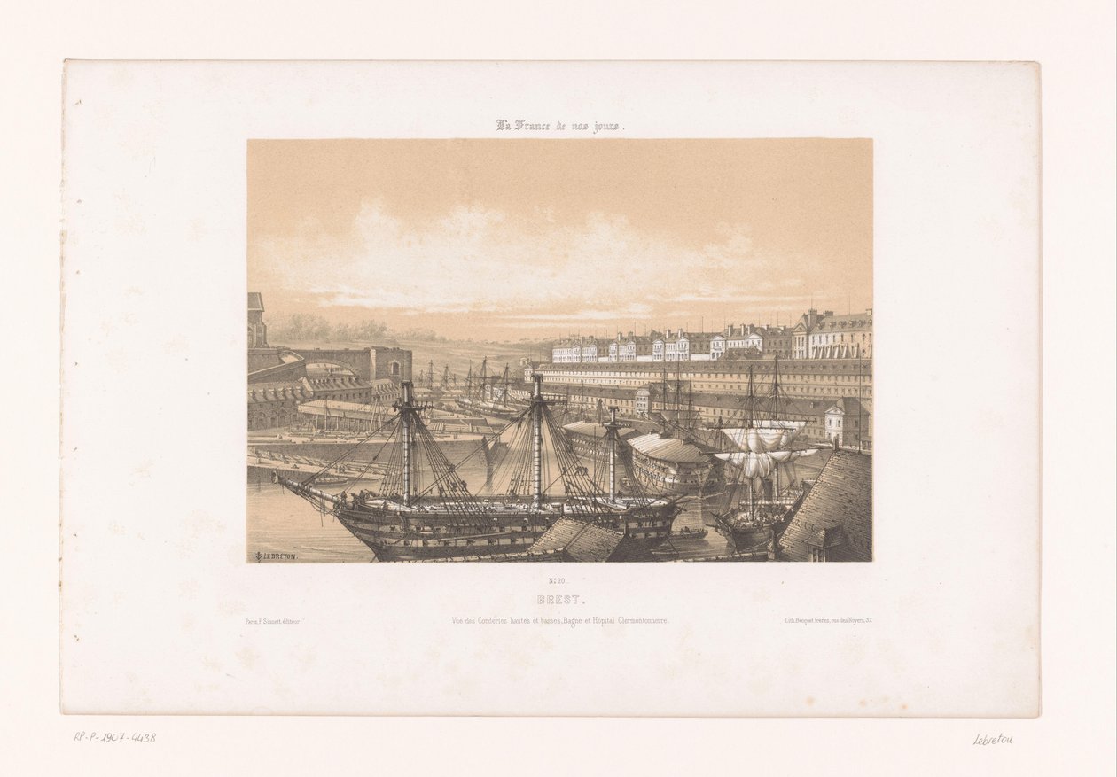 Kilátás az Arzenálra Brest kikötőjében brest. Vue des Corderies hautes et basses, Bagne és Hôpital Clermontonnerre (cím a tárgyon) Kortárs Franciaország (sorozat címe) La France de nos jours (sorozat címe a tárgyon) alkotó: Louis Le Breton