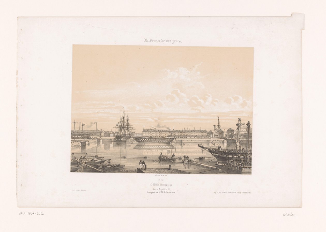 Kilátás a Bassin Napóléon III-ra Cherbourg kikötőjében Cherbourg. Napóleon III. medence (cím a tárgyon) Kortárs Franciaország (sorozat címe) La France de nos jours (sorozat címe a tárgyon) alkotó: Louis Le Breton