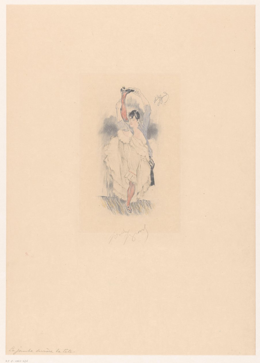 Kánkán táncos kinyújtott lábbal a feje mögött La jambe derrière la tête (cím a tárgyon) alkotó: Louis Legrand (signed by artist)