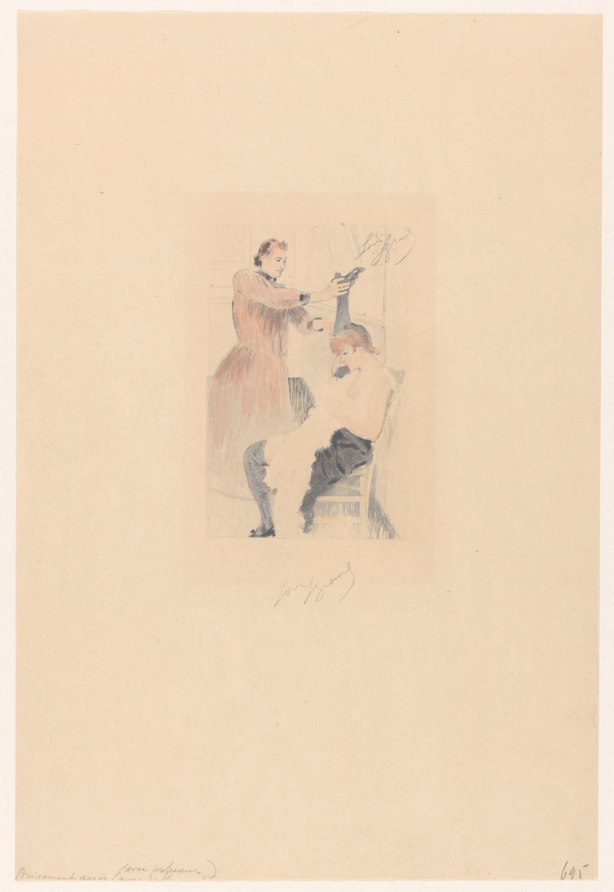 Kánkán táncos ül egy széken, miközben rugalmassági gyakorlatot csinál Brisement assis (avec professeur) (cím a tárgyon) alkotó: Louis Legrand (signed by artist)