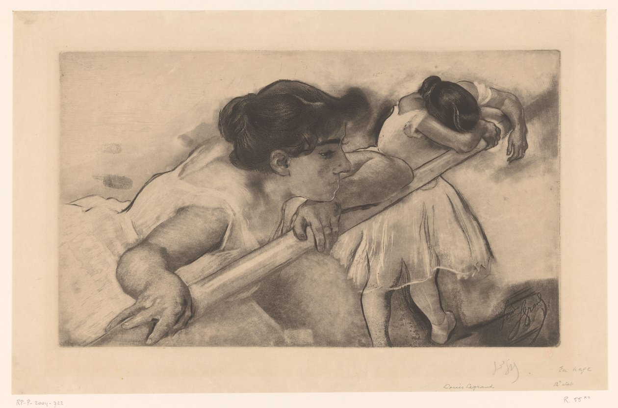 Két balerina egy balettkamrában En nage (cím az objektumon) Fiatal balerinák (sorozat címe) Les Petites du Ballet (sorozat címe) alkotó: Louis Legrand (signed by artist)
