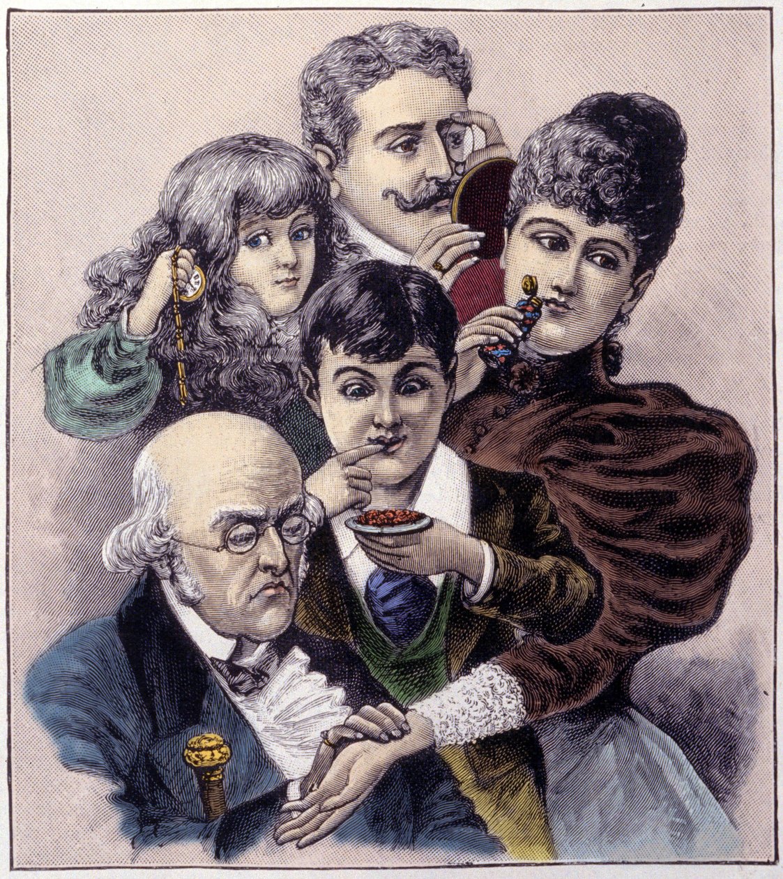 Louis Leopold Bailly öt érzékszervének (tapintás, hallás, szaglás, ízlelés és látás) ábrázolása. Metszet 1894-ből. alkotó: Louis Leopold (after) Boilly