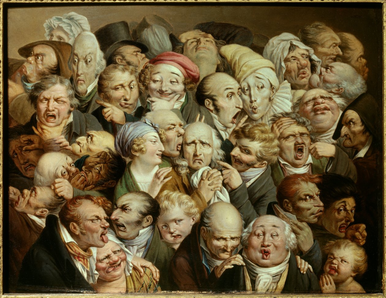Karikatúra: nevetséges kifejezések sorozata „35 kifejezési fej újraegyesülése”” Louis Leopold Boilly (1761-1845) festménye 1825 körül Olaj, fa Dim. 0,19x0,25 m Tourcoing, musee des Beaux Arts - 35 arckifejezés találkozása. Rajzfilm: tanulmányok r alkotó: Louis Leopold Boilly