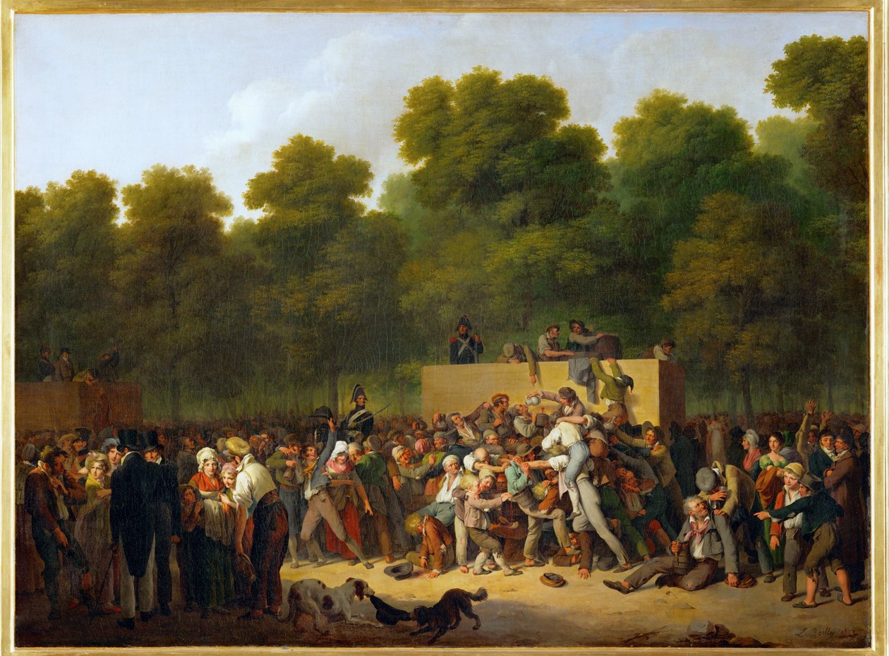 Bor és ehető ételek elosztása a Champs Elysées-n (festmény vászonra) alkotó: Louis Leopold Boilly