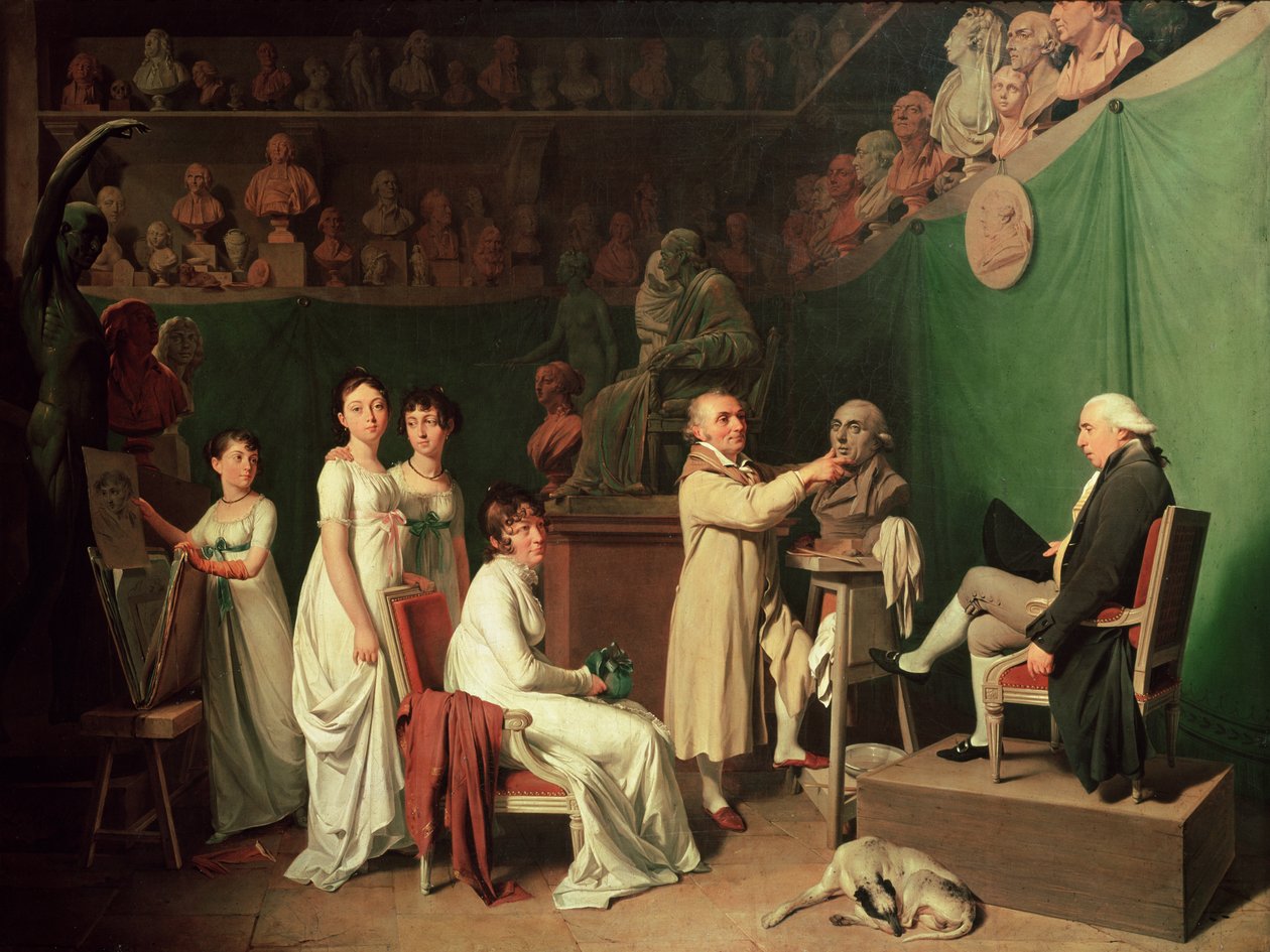 Jean Antoine Houdon (1741-1828) Pierre Simon (1749-1827) Marquis de Laplace mellszobrának faragása felesége és lányai jelenlétében, 1804 alkotó: Louis Leopold Boilly