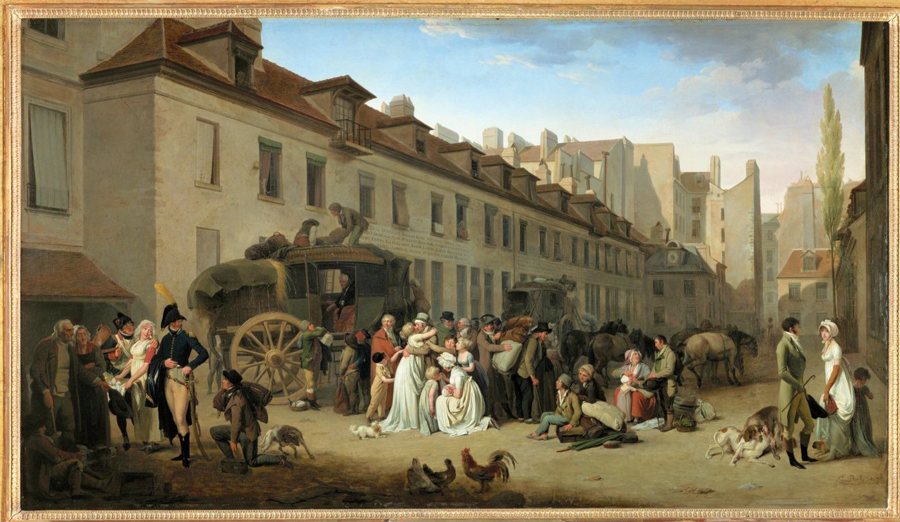 Egy hintó érkezése a párizsi Messageries udvarára, a rue Notre-Dame-des-Victoires-ra ... alkotó: Louis Leopold Boilly