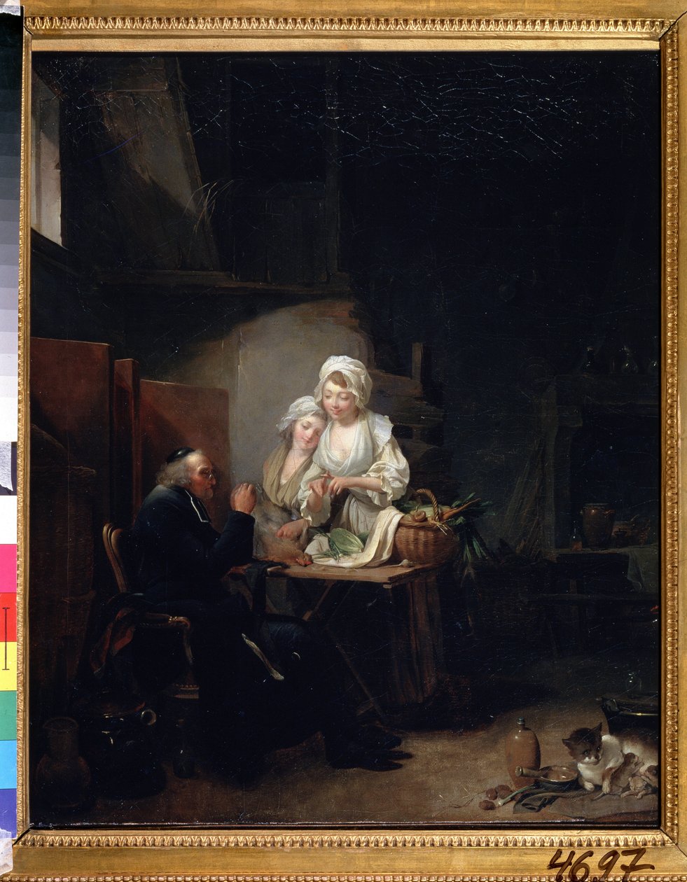 ""Az öreg lelkész"" (egy régi lelkész) Két nő segít egy régi lelkésznek a konyhában. Louis-Leopold (Louis Leopold) Boilly (1761-1845) festménye 1785-1800 Puskin Múzeum, Moszkva alkotó: Louis Leopold Boilly