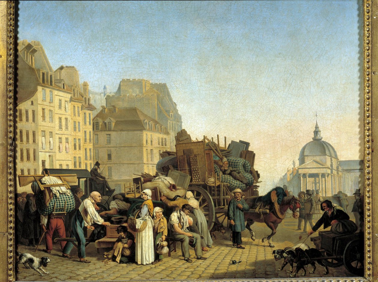 A párizsi helyettesítők szállásváltáskor megraknak egy kocsit üzlettel és bútorokkal Párizs egyik utcájában. Louis Leopold Boilly (1761-1845) festménye. 1840 Párizs, Musee Cognacq Jay alkotó: Louis Leopold Boilly