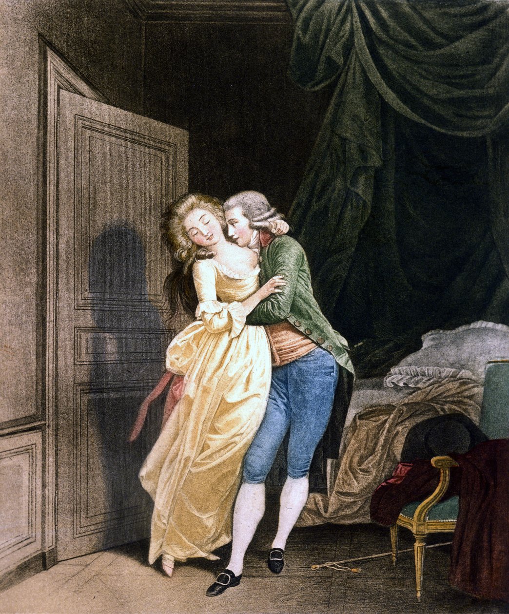 Lágy ellenállás. Egy férfi nagyon elegáns fiatal nővé lép elő. Boilly metszet alkotó: Louis Leopold Boilly