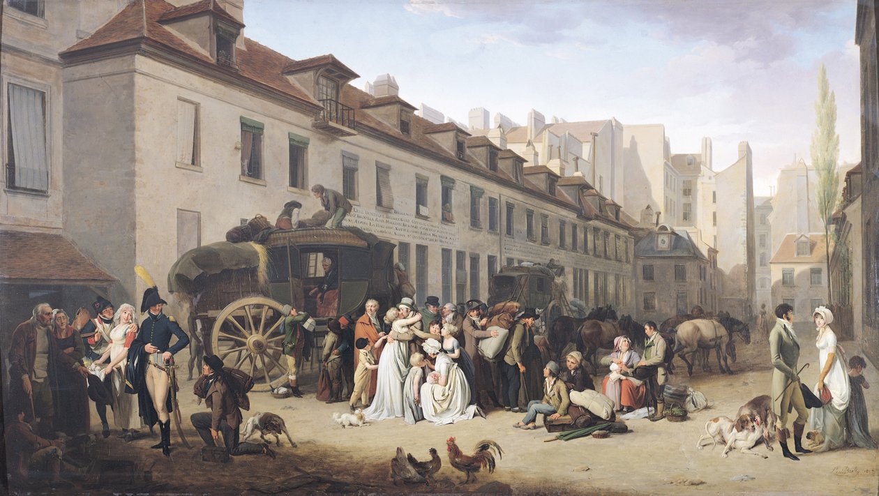 Stagecoach érkezése a végállomásra, rue Notre-Dame-des-Victoires, Párizs alkotó: Louis Leopold Boilly
