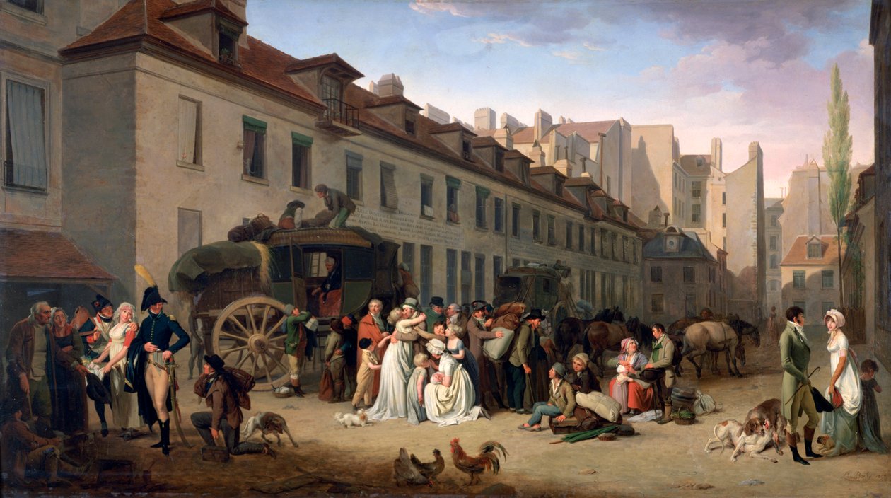 "Egy Stagecoach érkezése a végállomásra, rue Notre-Dame-des-Victoires, Párizs, 1803", 1803-1845 alkotó: Louis Leopold Boilly