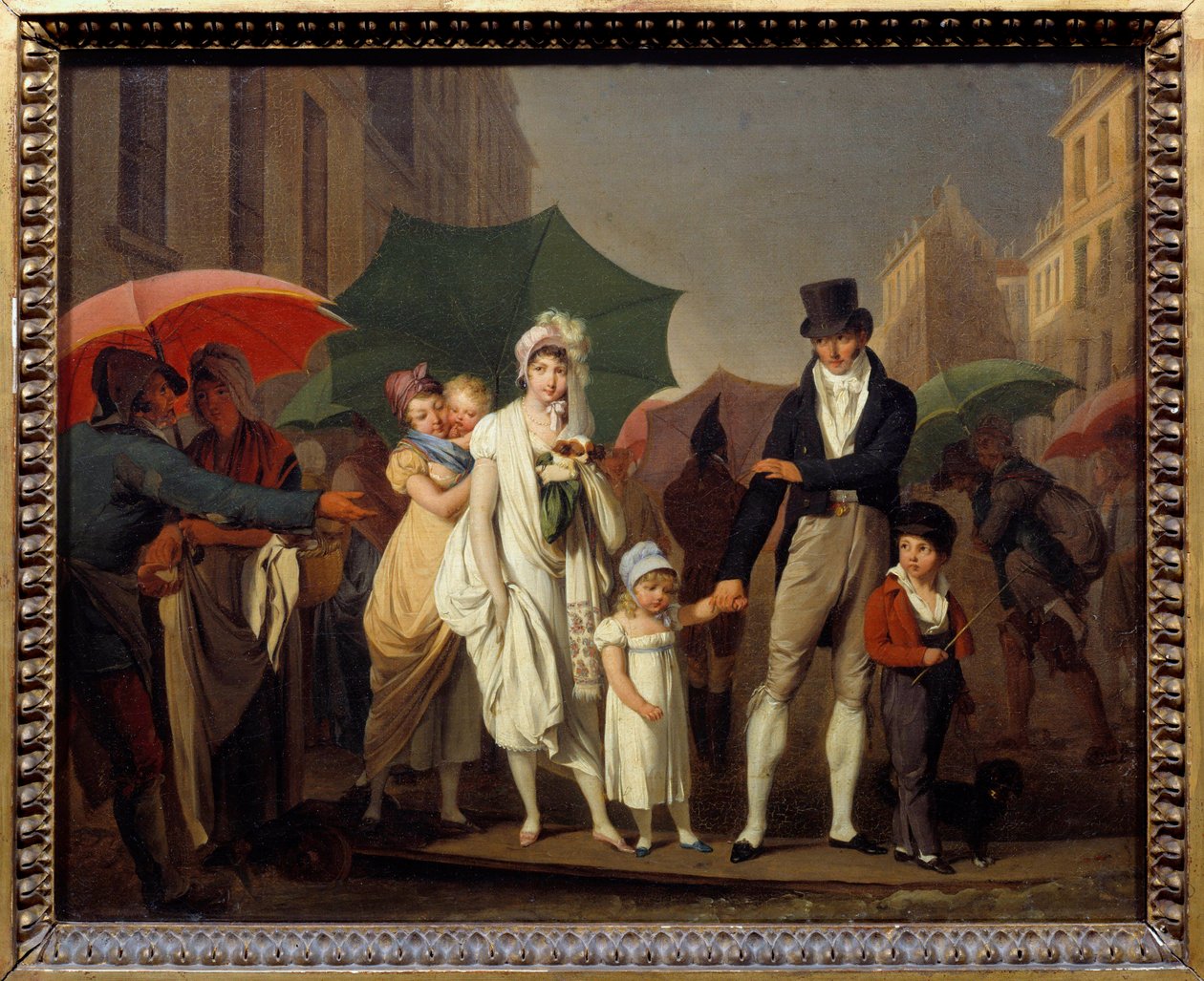 A Bourgeois a párizsi Premier Empire módra zuhan, védve magát az esőtől. Louis leopold Boilly (1761-1845) festménye 19. század V. 0,32x0,4 m - A felhőszakadás. Az első birodalmi módra öltözött párizsi polgárok védik magukat fr alkotó: Louis Leopold Boilly