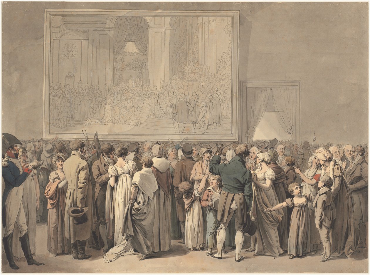 A nyilvánosság a Louvre szalonjában, a „Sacre” festmény megtekintése, 1808-ban kezdődött (toll, tus és akvarell) alkotó: Louis Leopold Boilly
