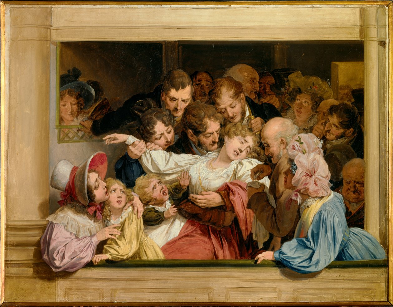 A melodráma hatása Egy fiatal nő elájul a színházi öltözőben. Louis leopold Boilly (1761-1845) festménye 1830 V. 0,32x0,41 m Versailles, Lambinet múzeum alkotó: Louis Leopold Boilly