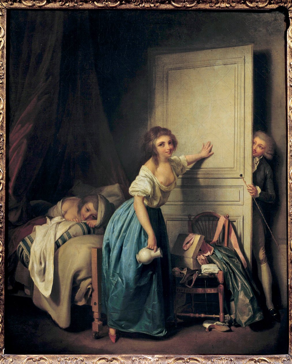 A kíváncsiskodó Egy kíváncsi kukkoló, aki két kislány után kémkedik. Louis Leopold Boilly (1761-1845) festménye. 18. század. Párizs. Musee Cognacq Jay alkotó: Louis Leopold Boilly