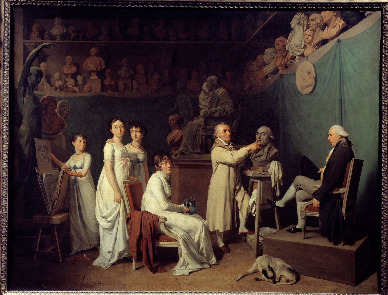 Jean Baptiste Houdon (1741-1828) szobrász műhelye. A szobrász modellje Pierre-Simon Laplace (1749-1827) matematikus, Marquis de Laplace volt felesége és lányai jelenlétében. Louis Leopold Boilly (1761-1845) festménye 1804 Párizs, De alkotó: Louis Leopold Boilly