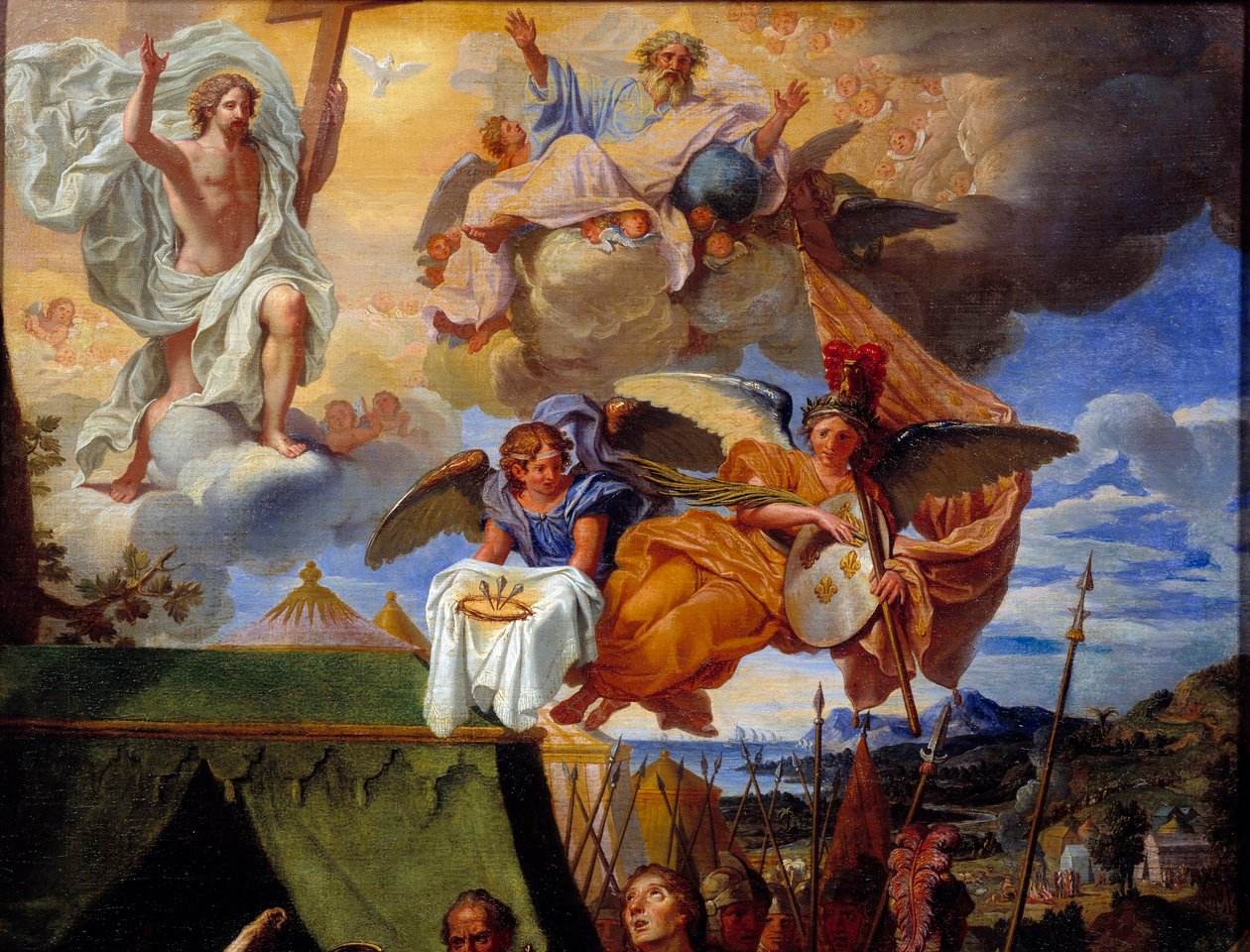 IX. Lajos király (Szent Lajos) (1214-1270) katonáiról gondoskodik Istent és angyalokat ábrázoló részlet. Louis Licherie de Bury (1629-1687) festménye, 17. századi Rouen, Musee des Beaux Arts alkotó: Louis Licherie de Beurie